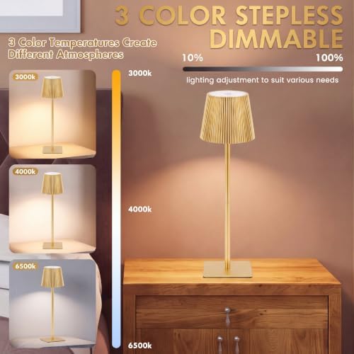 6 Pack LED Cordless Table Lamp Portable Rechargeable Desk Touch Lamp Waterproof 3000mah Battery Operated 3 Color Stepless Dimming Touch Control for Restaurant Bedroom, Classic(Gold) - Image 4