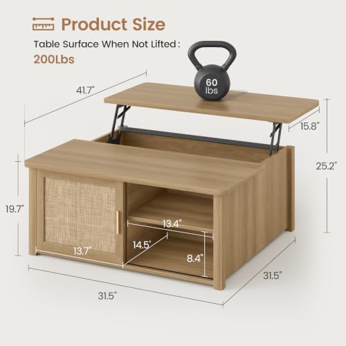 SEDETA 31.5" Lift Top Coffee Table with Storage, Square Coffee Tables for Living Room, Farmhouse Coffee Table with Large Hidden Storage Compartment and Adjustable Shelves, Rattan Oak - Image 2
