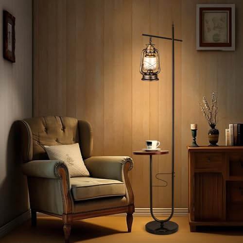 Vintage Floor Lamp with Table,Classical Lantern Standing Rustic Farmhouse Nightstand Hanging Arc Floor Lamp with Bronze Gold Finish,for Living Room,Bedroom,Reading Room(Bronze) - Image 4