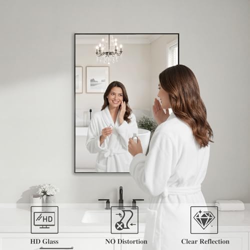 Koonmi Black Rectangle Wall Mirror, 20x30 Inch Bathroom Mirror, Aluminum Frame Vanity Mirror for Entryway, Living Room, Bedroom, Hangs Horizontally or Vertically - Image 3