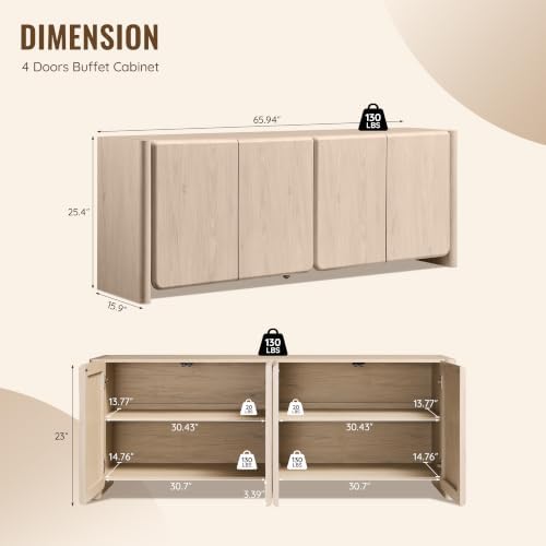 66" Modern Buffet Cabinet w/Storage, Large Sideboard, Cream - Image 2