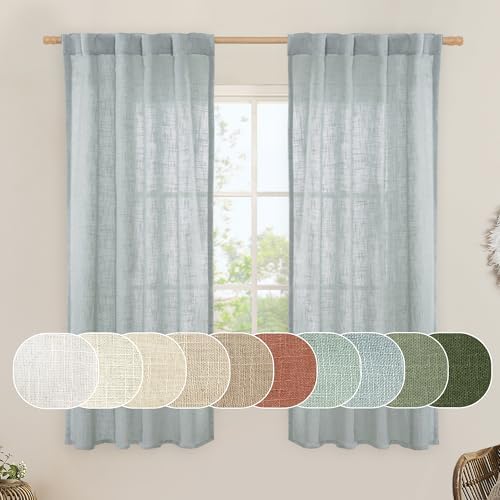 LAMIT Greyish Blue Linen Curtains 63 Inches Long, Semi Sheer Panels by LAMIT