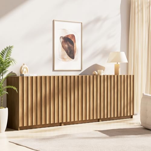 Modern Buffet Cabinet with Storage, 94.5" Wide Fluted Arched Sideboard Cabinet with Adjustable Shelves, Wooden Modular Coffee Bar for Dining Room, Kitchen, Living Room, Entryway, Natural by Unknown