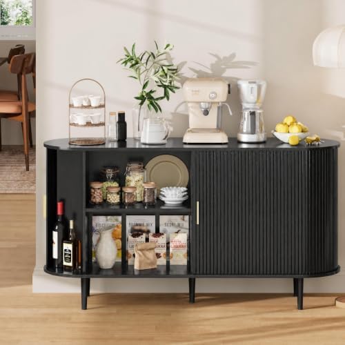DHH Sideboard Buffet Cabinet with Storage,Mid Century Modern Fluted Accent Coffee Bar Console Table,Tambour Sliding Doors& Adjustable Shelf for Kitchen, Living Room, Entryway(Black, 55 Inch) - Image 6