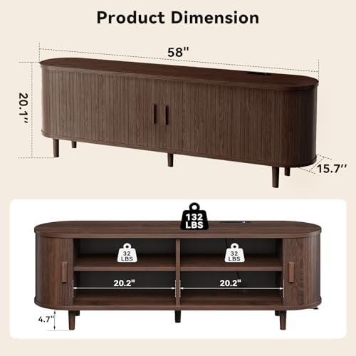 58" Mid Century Modern TV Stand with Power Outlet, Fluted Entertainment Center with Storage and Adjustable Shelves, Wood TV Console with Sliding Doors for Living Room, Walnut - Image 3