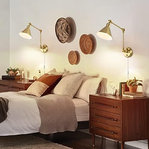 TRLIFE Wall Sconces Plug in, Dimmable Wall Sconces Brushed Brass Swing Arm Wall Lights Plug in Wall Mounted Light Industrial Wall Lights with 6FT Plug in Cord, E26 Base, UL Listed(Two Arms, 2 Pack) - Image 6