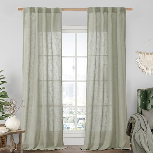 LAMIT Sage Grey Linen Boho Sheer Curtains 84 inch Length 2 Panels by LAMIT