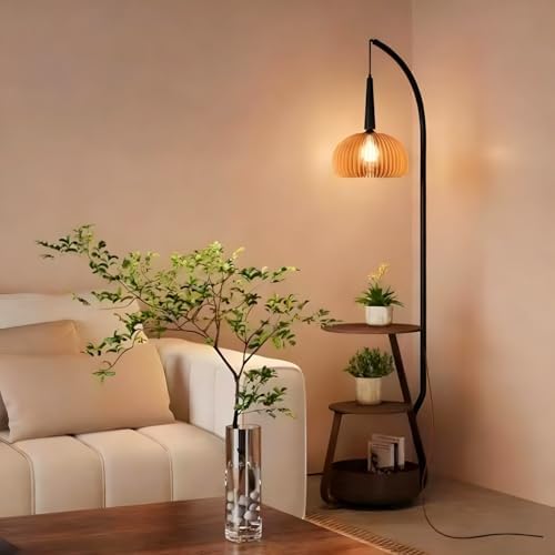 Bofea-Modern Arc Floor Lamp with Table & Shelves,Vintage Floor Lamps for Living Room,Mid Century Tall Standing Lamp with Walnut Shade,Adjustment Height Corner Lights for Bedroom Study Office - Image 3