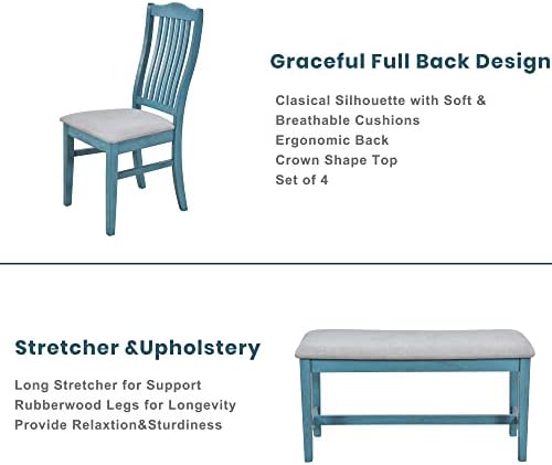 Compact 6-Piece Dining Table Set, Solid Wood Kitchen Dining Room Table Set with 4 Padded Ergonomic Chairs & Bench, 60'' Rectangular Table with Storage Drawer, Space-saving Design (Antique Blue-P) - Image 4