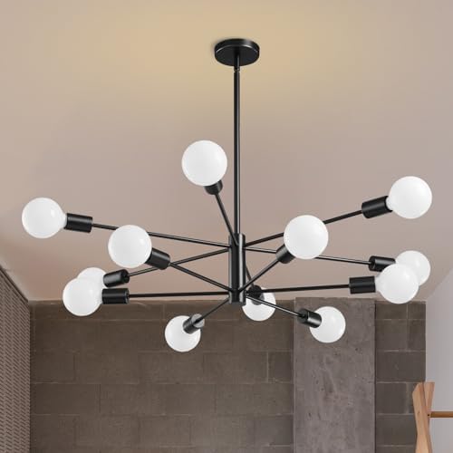 RUIYEY Modern Sputnik Chandeliers Light, 12-Light Black Chandeliers for Dining Room, E26 Height Adjustable Chandelier Ceiling Lighting Fixture for Farmhouse Kitchen Island Living Room Foyer by RUIYEY