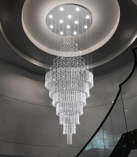 HAIXIANG W32 x H120 Glam Chandelier with LED Bulbs Crystal Raindrop High Ceiling Pendant Light for Entrance Large Villa Chandelier Foyer Lighting Fixtures Silver - Image 3