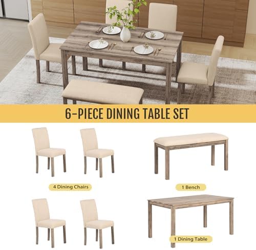 Zevemomo 6-Piece Solid Wood Dining Table Set, Wooden Legs Table Set, Brown - Image 4