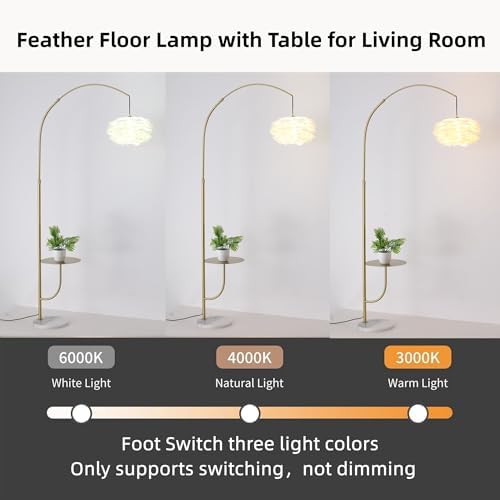 Arc Floor Lamp with Side Table, White Feather 3 Color Temperature Standing Light, Modern Minimalist Reading Lamp for Living Room Bedroom Sofa Bedside - Image 4