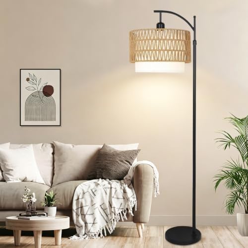 ZECOXOL Arc Floor Lamp for Living Room Boho Floor Lamps with Remote Control & with 3 Color Temperatures,Rattan Wicker Standing Lamp Dimmable Tall Floor Lamp for Bedroom Living Room Corner - Image 6