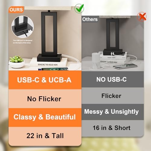 Seealle 22" Tall Living Room Lamps for Night Stands - Touch Bedside Lamp with USB C+A, 3 Way Dimmable Bedroom Lamps for End Tables Set of 2, Modern Night Stand Lamps for Bed Side(Beige&Black) - Image 7