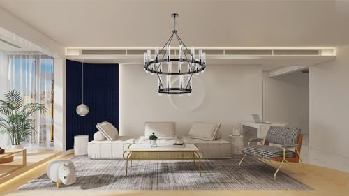 48 Inch Black Wagon Wheel Chandelier 2 Tier with Glass Shade, 24 Lights, Modern Farmhouse Style, Ideal for Dining Room, Kitchen, Entryways - Image 2