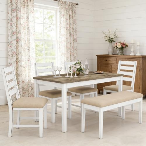 ROCSUMOO 6 Piece Farmhouse Dining Table Set with 4 Chairs and 1 Bench - Image 2