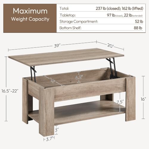 Yaheetech Lift Top Coffee Table with Hidden Storage & Shelf, Gray, 38.6" - Image 3