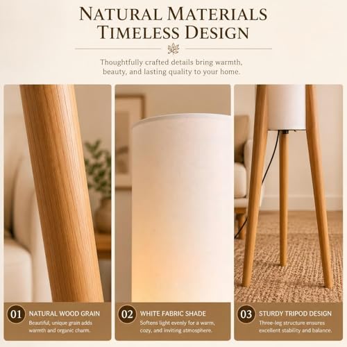 BOFEA-50 Floor Lamps for Living Room,Nordic Modern Floor Lamp,Tall Standing Boho Lamp with Fabric Shade,3 Color Art Standing Lamps,Farmhouse Wood Floor Lamp for Bedroom Office Corner - Image 4
