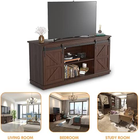JUMMICO TV Stand for 65 Inch TV, Sliding Barn Doors, Brown - Image 4