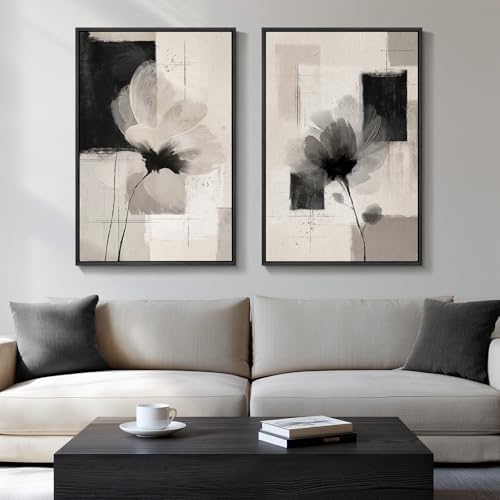 Large Framed Neutral Abstract Floral Wall Art for Living Room, 24x36 In by Cuspin