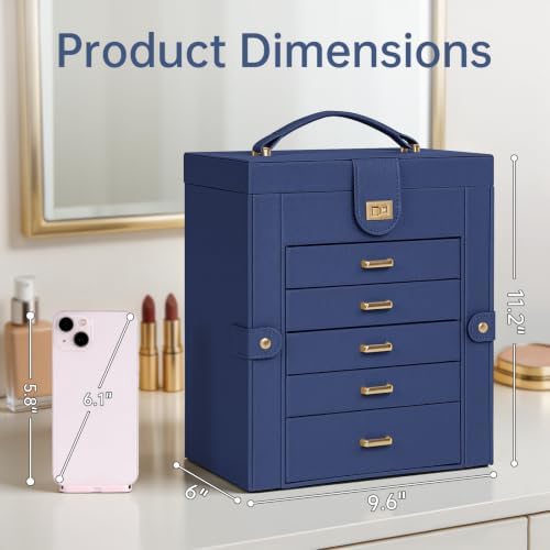 AKOZLIN 6-Tier Jewelry Box Organizer 5 Drawers Storage Medium Blue - Image 4