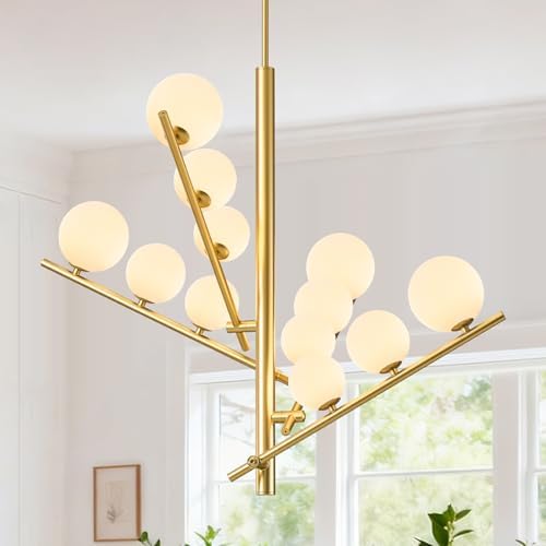 CATINER Modern 36" 12-Light Gold Sputnik Chandelier with Milk Glass Globe by CATINER