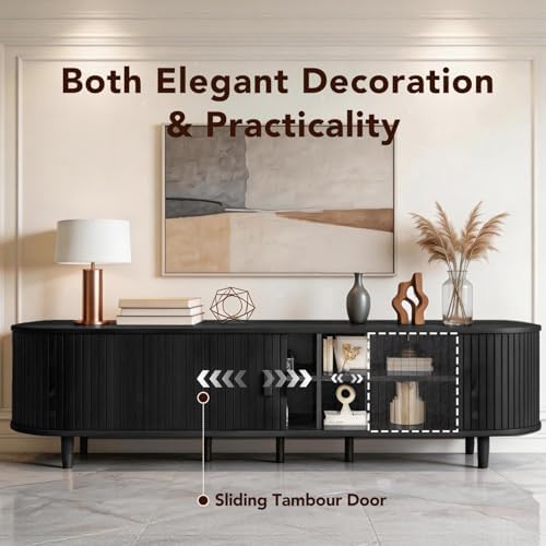 MXV 80" Mid-Century Modern TV Stand with Sliding Doors, TV Consoles with Power Outlet, Fluted Entertainment Center with Adjustable Shelves, for Living Room - Image 6