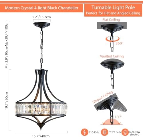 Crystal Chandeliers for Dining Room, Round Rustic Farmhouse Chandelier, Metal Shade, 4-Light Modern Chandelier for Hallway, Bedroom, Foyer Black - Image 2