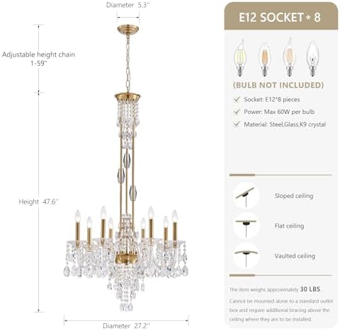 8-Light Maria Theresa Crystal Candle Chandelier, Brass Gold Chandelier for Dining Room, Entryway & Living Room, Adjustable Height, E12 Base - Image 2