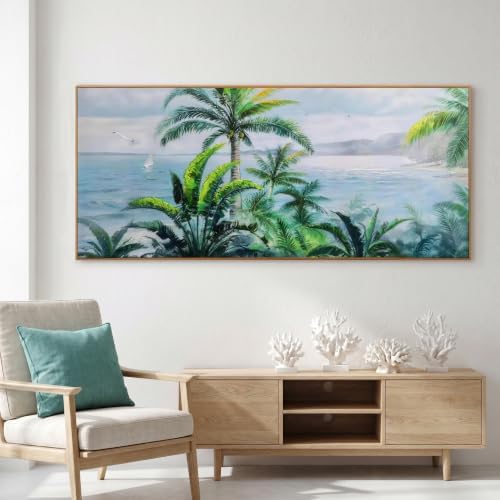 Anolyfi Palm Tree Picture Green Tropical Wall Art for Living Room Landscape Large Canvas Painting Nature Seascape Textured Artwork Framed Bedroom Kitchen Hallway Office Home Decor Framed 71"x32" by Anolyfi