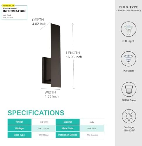 Edwarmlux Indoor Wall Sconces, Modern Wall Lights, Up and Down Wall Mount Light, Dimmable Hardwired Wall Light for Bedroom, Living Room, Hallway, GU10 Bulbs Excluded (Matt Black) - Image 5