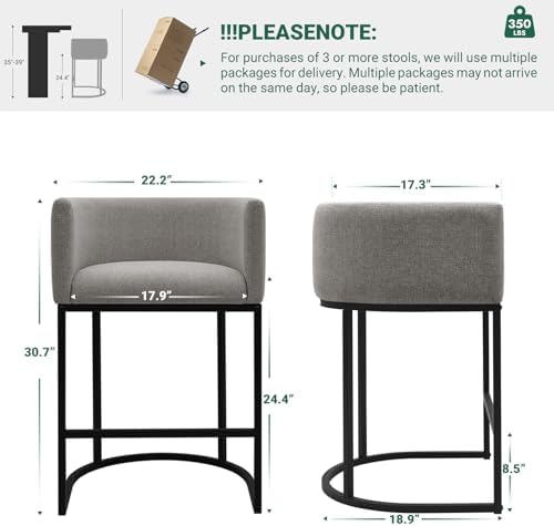 Counter Height Bar Stools, 24 Inch Seat Height Barstools for Dining Room, Fabric Upholstered Bar Chair for Kitchen Island, Linen Counter Stools with Metal Legs, Gray - Image 3