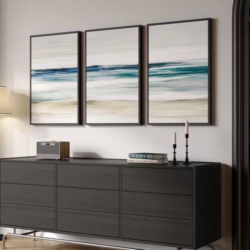 Large Framed Blue Abstract Coastal Ocean Wall Art for Living Room, 24x36 In - Image 2