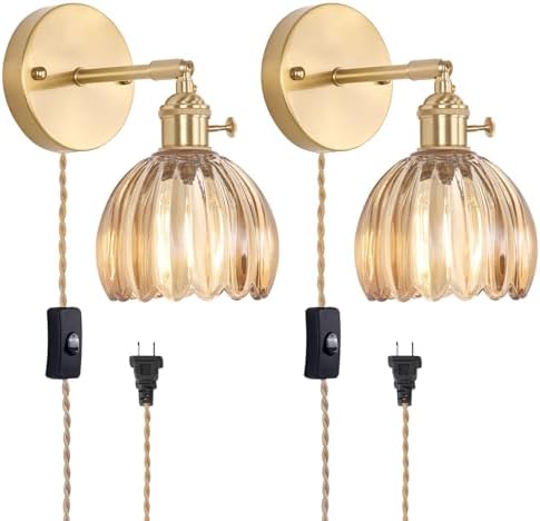 Shenmoyl Plug in Wall Sconce, Amber Tulip Glass Lampshade Wall Light Plugin Corded for Bedside Bedroom Doorway, 2 Pack by Shenmoyl