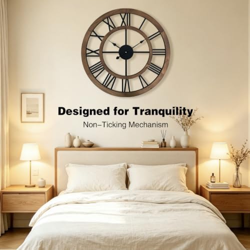 30 Inch Oversized Rustic Wall Clock Silent Non-Ticking Wooden Wall Clocks with Roman Numerals Farmhouse Decorative Clock for Living Room Bedroom Office (Brown) - Image 5