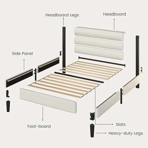 Fluest Twin Bed Frame, Platform Bed Frame with Velvet Upholstered Headboard, No Box Spring Needed, Sturdy Metal Support, Noise Free, Easy Assembly, Modern Bedroom Furniture, Beige - Image 6