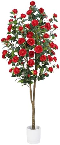 Artificial Camellia Tree 6FT – Faux Plants Indoor, with Easy Assembly, Low Maintenance, Ideal for Both Indoor Decoration and Other Purposes，Perfect Porch Christmas Trees (Red 6ft) by HZXGCP
