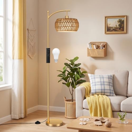 Ambimall Arc Floor Lamp with Remote & Rattan Double Shades, Gold Bohemian by Ambimall