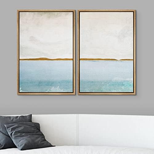 SIGNWIN Framed Canvas Print Wall Art Set Gold Blue Ocean Sea Beach Landscape Nature Wilderness Illustrations Modern Art Decorative Rustic Chic for Living Room, Bedroom, Office - 24"" x36 x2 Natural - Image 2