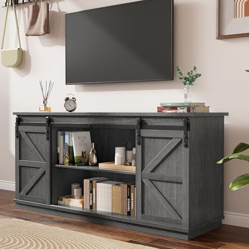 YESHOMY 58" Farmhouse TV Stand for TVs up to 65", Sliding Barn Doors, Gray - Image 2