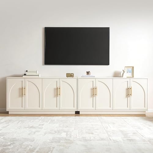 Fatmok 59" Sideboard Buffet Cabinet & TV Stand Set of 2, Modern Arched Credenza with Adjustable Shelves and Long Metal Handles, Wood Console Coffee Bar Storage for Living Room, Beige(Not White) by Fatmok