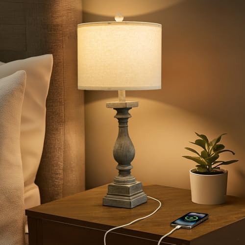 BOBOMOMO 27" Farmhouse Table Lamps with USB-A +C Ports, Vintage Rustic Lamps for Living Room, Linen Shade, Retro Side Table Lamps Set of 2 for Living Room,Bedroom,Night Stands (Blubs not Included) - Image 6