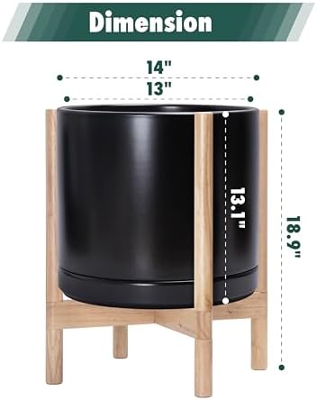 D'vine Dev Ceramic Pot with Natural Wood Stand, Black, 14 in, 55-B-R-2 - Image 3