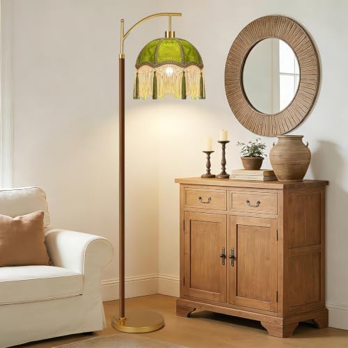 ILLMTW Green Floor Lamp for Living Room,Bedroom,Fringe Standing Lamp with Remote Dimmable,Victorian Mid Century Gold Arc Tall Lamp Boho Vintage Retro Wood Tassel Flower Unique Lamp Tiffany Decor - Image 6