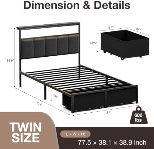 Twin Bed Frame with 2 Storage Drawers, Grey Upholstered - Image 2