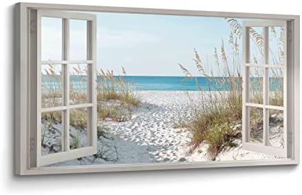 Window Beach Wall Art Prints: Modern Large Tropical Coastal Landscape Canvas Bedroom Blue Ocean Picture Relaxing Living Room Sea Scene Painting Horizontal Summer Seascape Artwork Decor by thestreamdesign