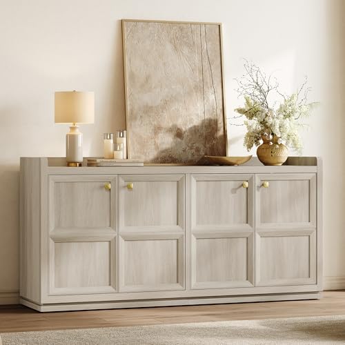 SICOTAS 61.7" 4-Door Buffet Sideboard Cabinet Living Room, Grey White Oak by SICOTAS