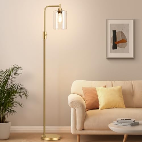 【Upgraded】 Dimmable Floor Lamp for Living Room with Clear Glass Lampshade, Gold Modern Glass Floor Lamp with 900LM LED Bulb Included, Arc Standing Tall Lamp for Bedroom, Office, Reading Room, Corner by Yemela