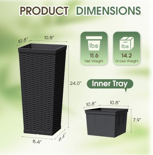 30 Inch Tall Plastic Planters(Set of 2) with Drainage Holes, Black - Image 7